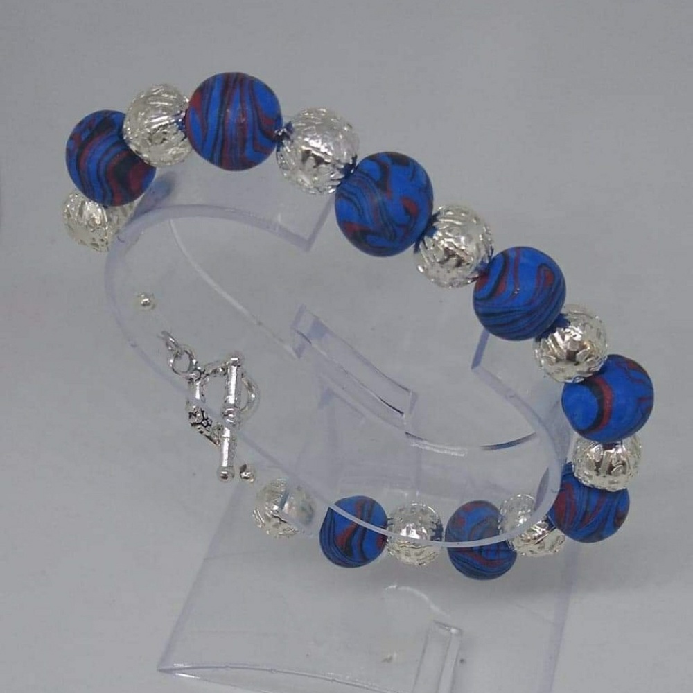 Unique Handmade Marbled Blue, Black & Silver Beaded Toggle Bracelet - Picture 2 of 4